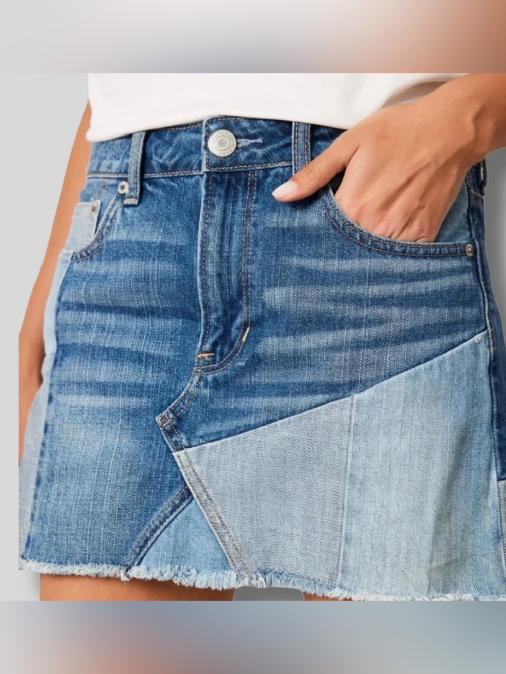American Eagle Outfitters Blue Patchwork Denim Mini Skirt Raw Hem
